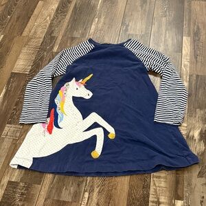 Mini Boden Navy Blue Unicorn Dress with Striped Sleeves